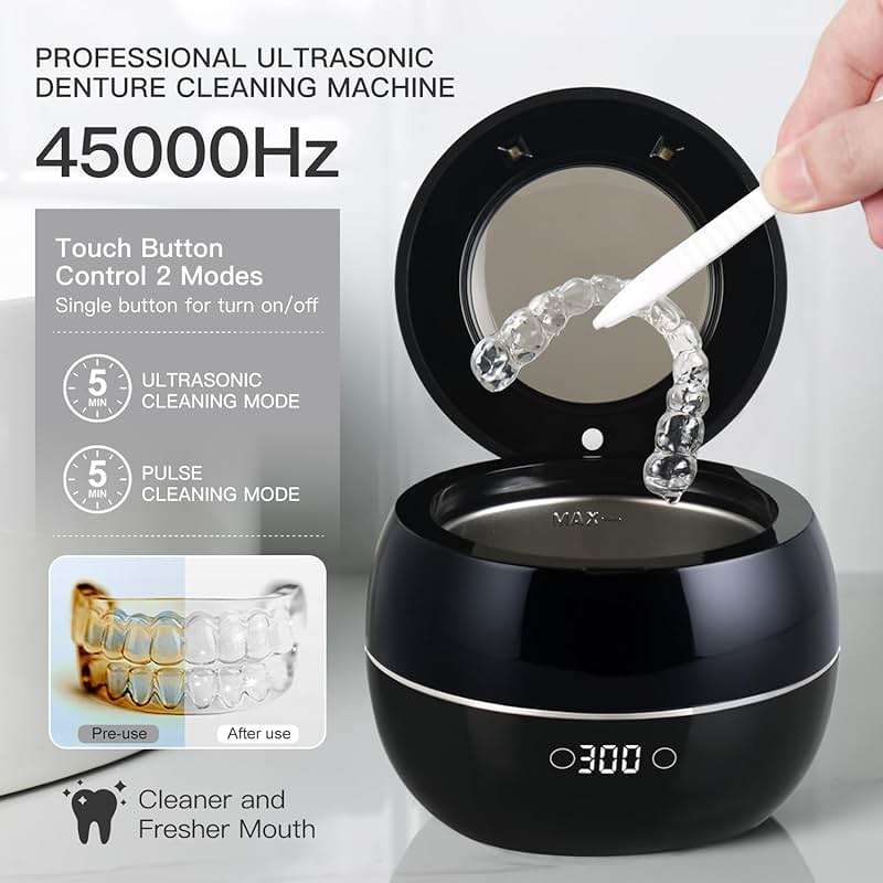 Dental Ultrasonic Retainer Cleaner Machine: 45kHz Dental Cleaning Pod for Denture, Aligner, Mouth Guard, Night Guard, Braces & Jewelry, UV Denture Cleaner with Digital Timer & Dual Mode 250ML Black - Image 4