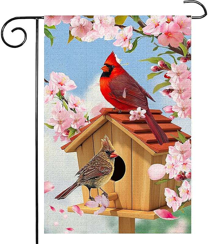 Spring Cardinal Bird Garden Flag 12x18 Inch Double Sided Burlap Outdoor Flag Decorations Pink Flowers Tree Summer Farmhouse Holiday Outside Decorations Burlap Yard Flag - Image 1