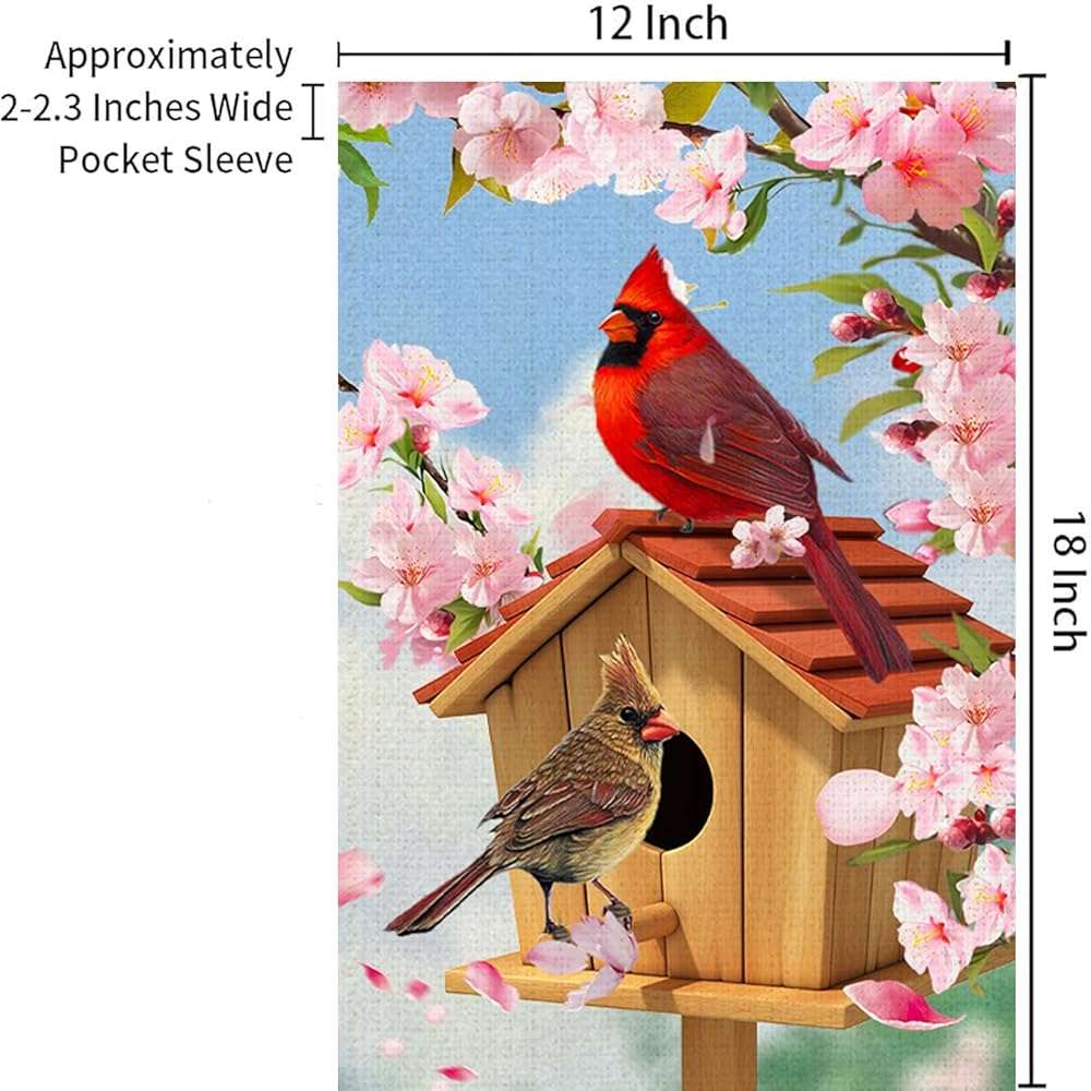 Spring Cardinal Bird Garden Flag 12x18 Inch Double Sided Burlap Outdoor Flag Decorations Pink Flowers Tree Summer Farmhouse Holiday Outside Decorations Burlap Yard Flag - Image 3