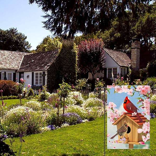Spring Cardinal Bird Garden Flag 12x18 Inch Double Sided Burlap Outdoor Flag Decorations Pink Flowers Tree Summer Farmhouse Holiday Outside Decorations Burlap Yard Flag - Image 4