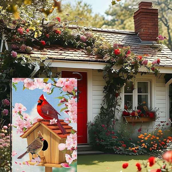 Spring Cardinal Bird Garden Flag 12x18 Inch Double Sided Burlap Outdoor Flag Decorations Pink Flowers Tree Summer Farmhouse Holiday Outside Decorations Burlap Yard Flag - Image 5