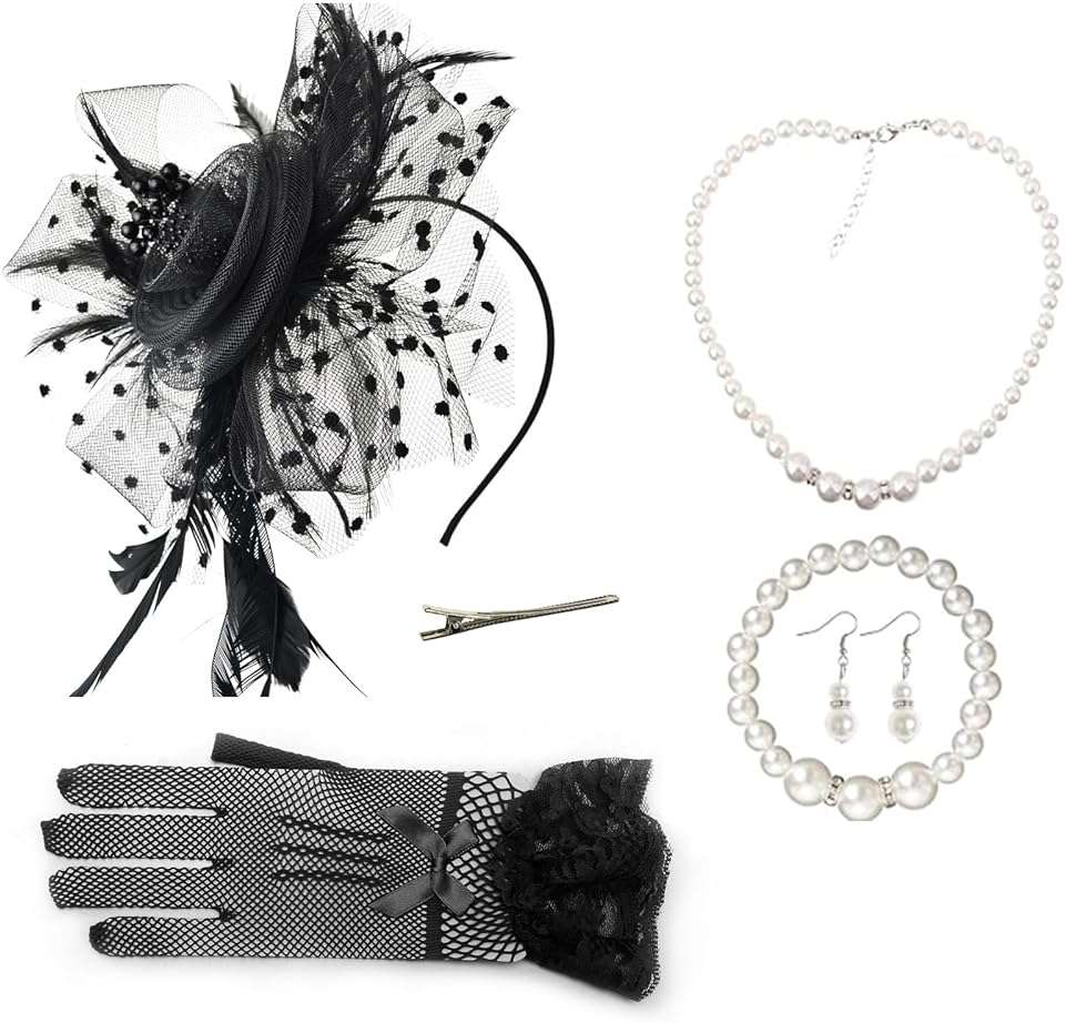 AQOKKA Women Fascinators Hats Veil Mesh Tea Party Derby Hat Bow Lace Gloves Pearl Jewelry Set for Women Cocktail Wedding - Image 1