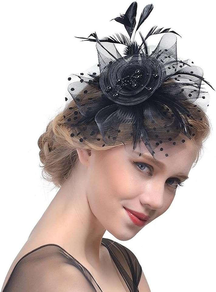AQOKKA Women Fascinators Hats Veil Mesh Tea Party Derby Hat Bow Lace Gloves Pearl Jewelry Set for Women Cocktail Wedding - Image 2