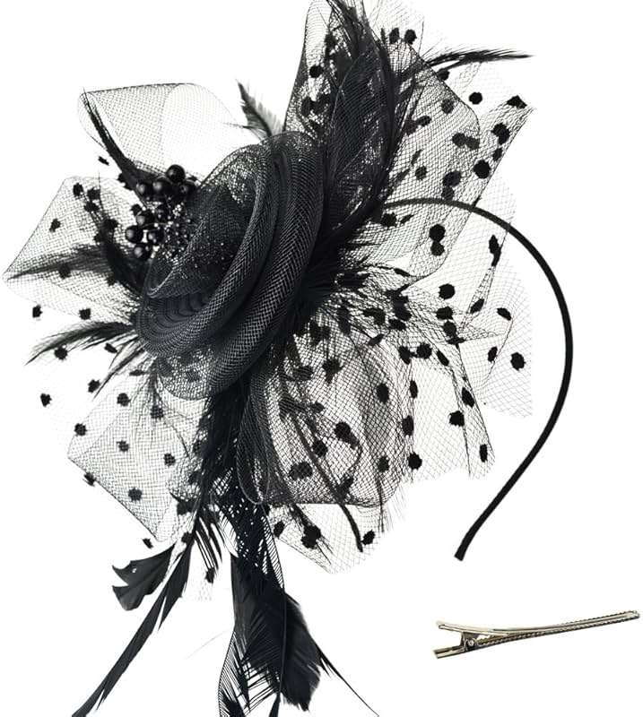 AQOKKA Women Fascinators Hats Veil Mesh Tea Party Derby Hat Bow Lace Gloves Pearl Jewelry Set for Women Cocktail Wedding - Image 6