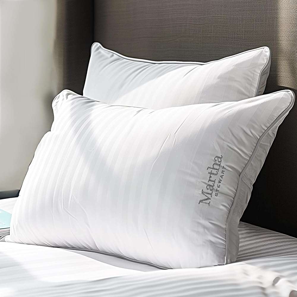 Martha Stewart Hotel Collection Pillow 500 Thread Count Damask Stripe Embroidered Feathers Soft Hypoallergenic 100% Cotton Queen Size Set of 2 - Image 1