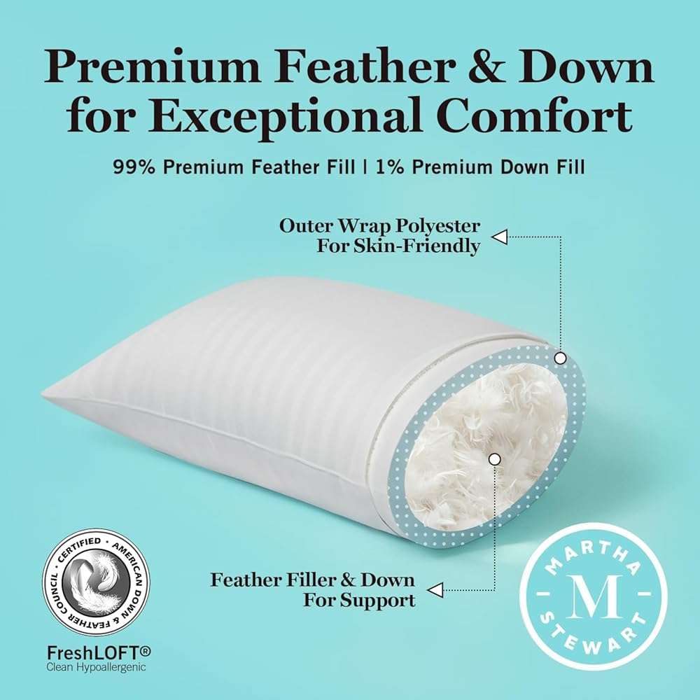 Martha Stewart Hotel Collection Pillow 500 Thread Count Damask Stripe Embroidered Feathers Soft Hypoallergenic 100% Cotton Queen Size Set of 2 - Image 4