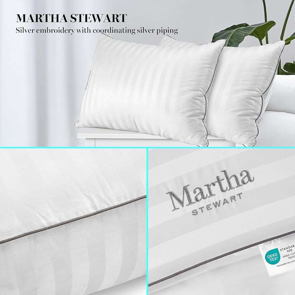Martha Stewart Hotel Collection Pillow 500 Thread Count Damask Stripe Embroidered Feathers Soft Hypoallergenic 100% Cotton Queen Size Set of 2 - Image 7