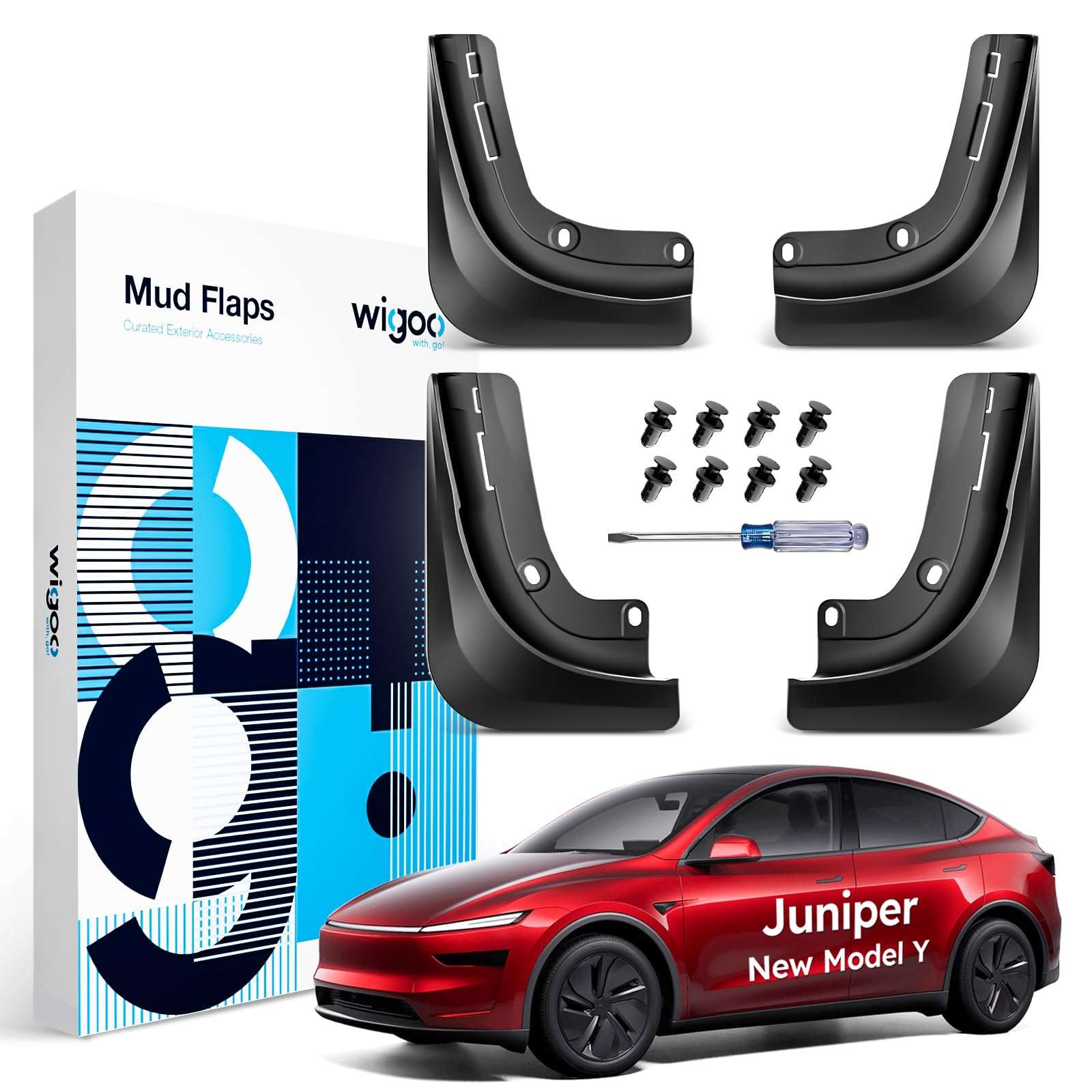 Wigoo 2026 New Tesla Model Y Juniper Accessories Mud Flaps No Drilling [Stay Clean, Protect Paint] All Weather Guards Body Kits for Tesla New Model Y 2025 2026 Juniper, Thicker Version (Set of 4) - Image 1