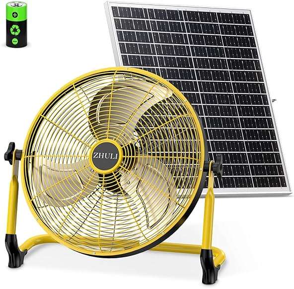 ZHULI 14" Solar Fan, Portable Battery Operated Solar Fans for Outside, Rechargeable Cordless Camping Fan, 30W Solar Panel, Hi-Velocity Brushless Motor, Metal Blade, USB Phone Charge, Quiet, Wireless - Image 1