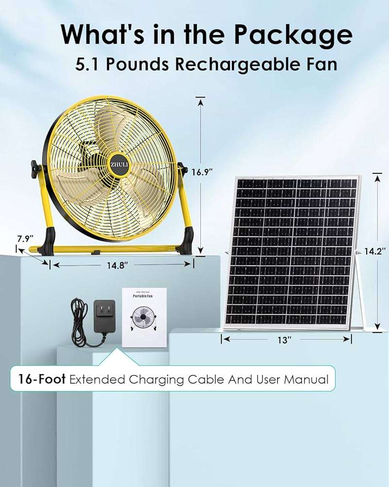 ZHULI 14" Solar Fan, Portable Battery Operated Solar Fans for Outside, Rechargeable Cordless Camping Fan, 30W Solar Panel, Hi-Velocity Brushless Motor, Metal Blade, USB Phone Charge, Quiet, Wireless - Image 2