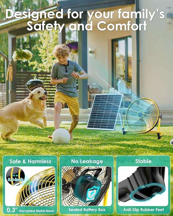 ZHULI 14" Solar Fan, Portable Battery Operated Solar Fans for Outside, Rechargeable Cordless Camping Fan, 30W Solar Panel, Hi-Velocity Brushless Motor, Metal Blade, USB Phone Charge, Quiet, Wireless - Image 3