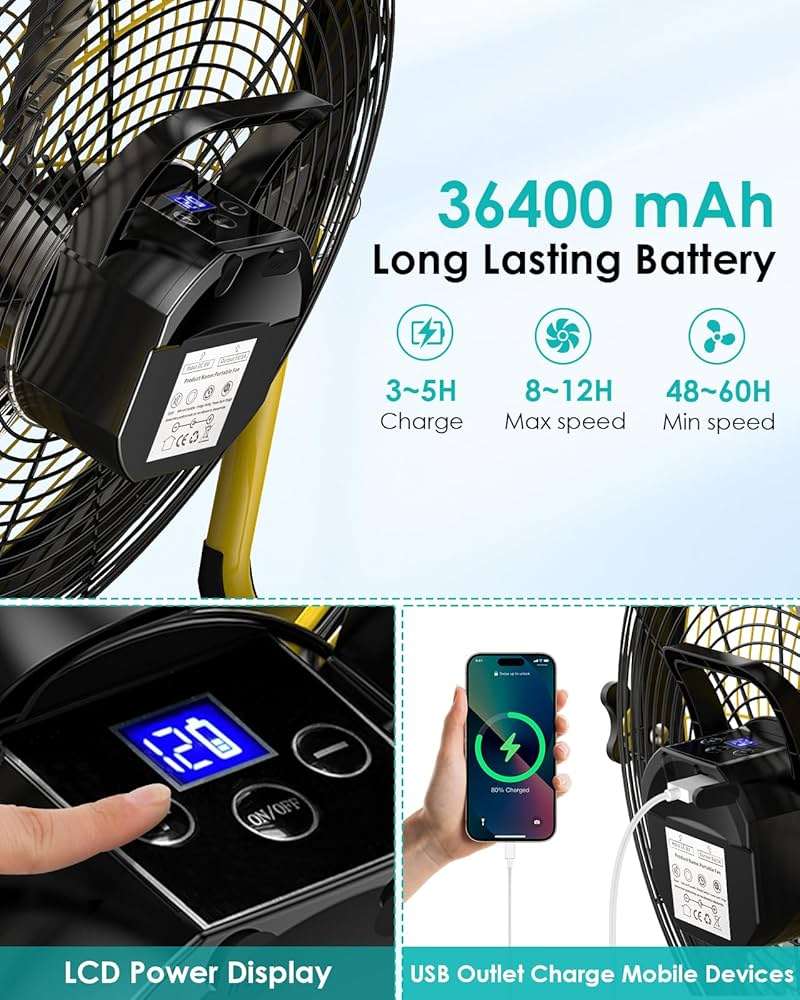 ZHULI 14" Solar Fan, Portable Battery Operated Solar Fans for Outside, Rechargeable Cordless Camping Fan, 30W Solar Panel, Hi-Velocity Brushless Motor, Metal Blade, USB Phone Charge, Quiet, Wireless - Image 4