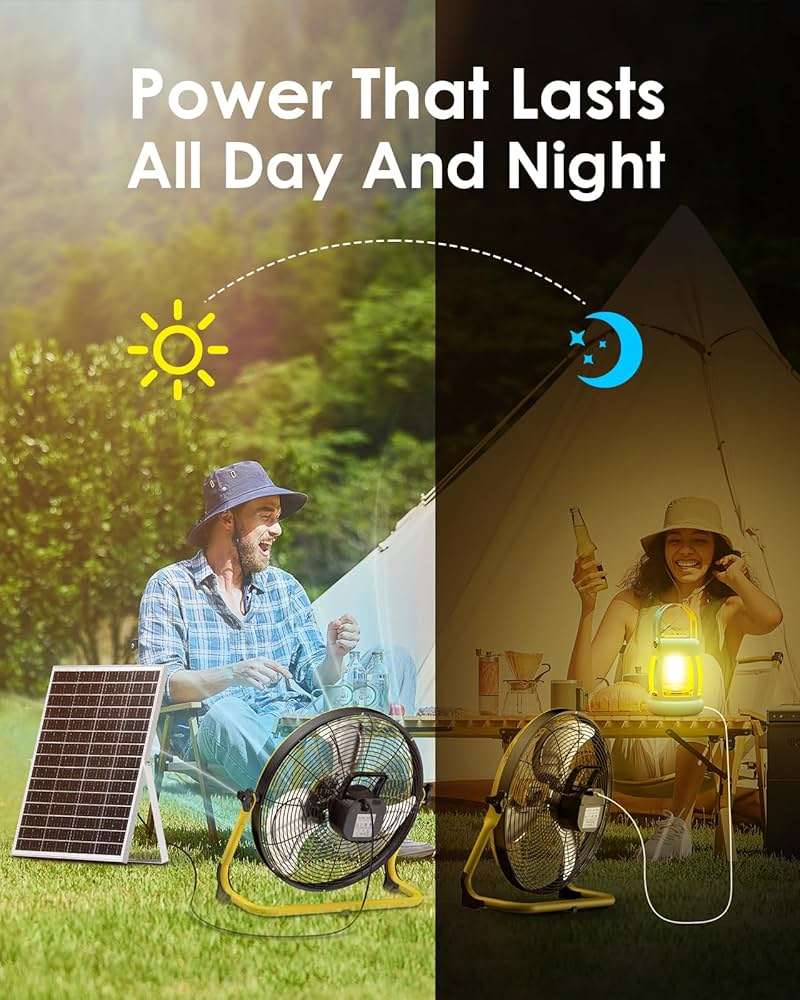ZHULI 14" Solar Fan, Portable Battery Operated Solar Fans for Outside, Rechargeable Cordless Camping Fan, 30W Solar Panel, Hi-Velocity Brushless Motor, Metal Blade, USB Phone Charge, Quiet, Wireless - Image 6