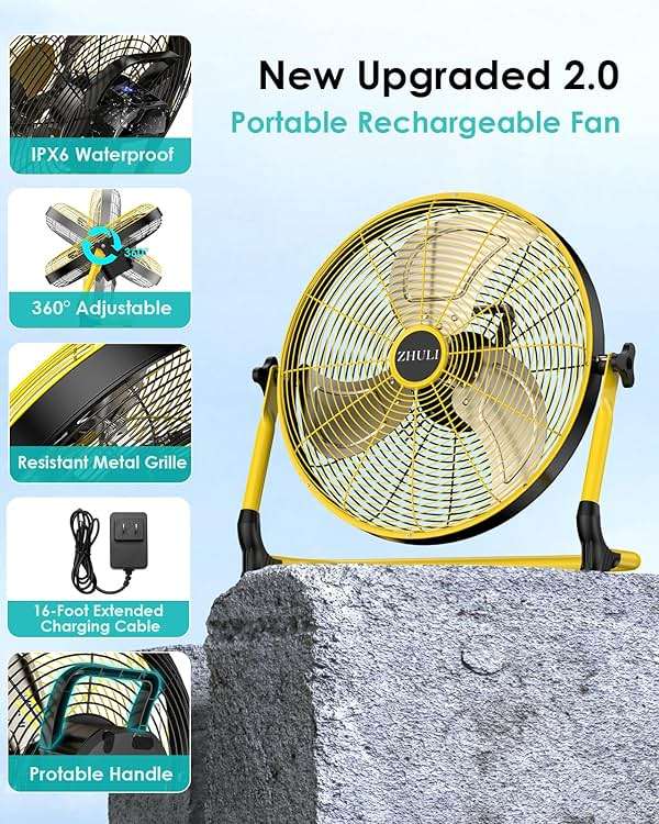 ZHULI 14" Solar Fan, Portable Battery Operated Solar Fans for Outside, Rechargeable Cordless Camping Fan, 30W Solar Panel, Hi-Velocity Brushless Motor, Metal Blade, USB Phone Charge, Quiet, Wireless - Image 7