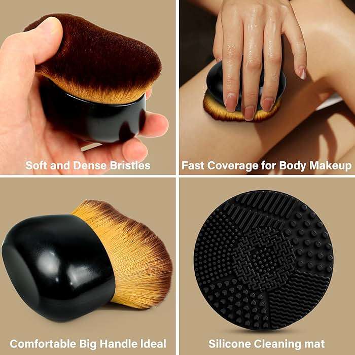 Extra Large Body Makeup Brush For Self Tanner, Leg Makeup & Bronzer Blend, 75 mm Wide-Headed Kabuki Brush for Even& Pretty Sunscreen& Lotion Application. With Cleaning Mat, Face Back Brush Set - Black - Image 6