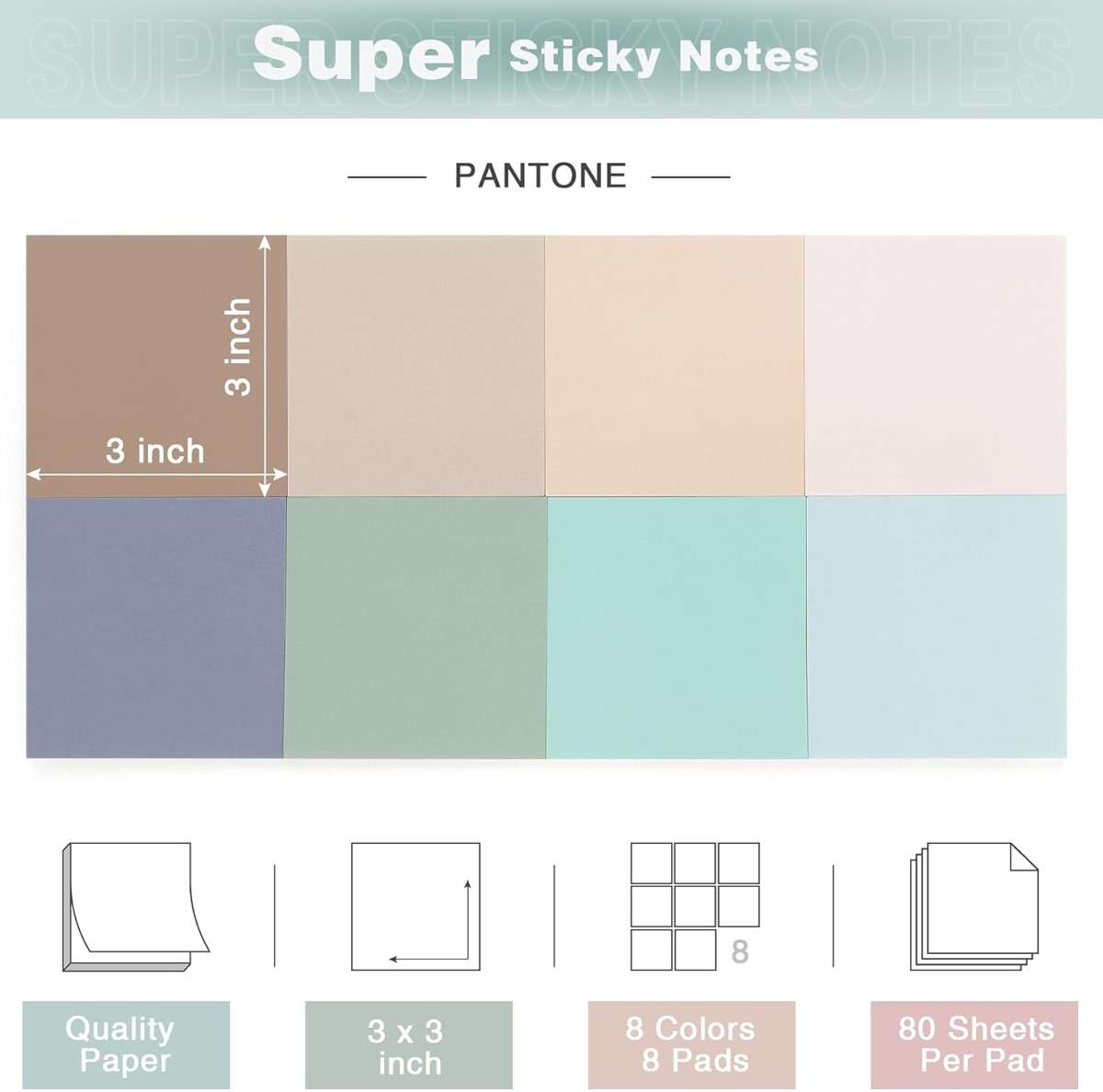 Vintage Colors Sticky Notes 3x3 inch, 8 Pads, Self-Stick Note Pads, Super Sticky Self-Adhesive Sticky Notes, 8 Pads/Pack, 80 Sheets/Pad - Image 2
