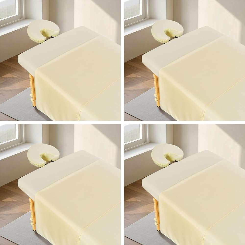 FAHKNS 4 Sets Premium Microfiber Massage Table Sheets Set, 3 Piece Set Ultra-Light Massage Table Cover, Soft Massage Sheets Sets Include Flat Sheet, Fitted Sheet, and Massage Face Rest Cover, Beige - Image 1