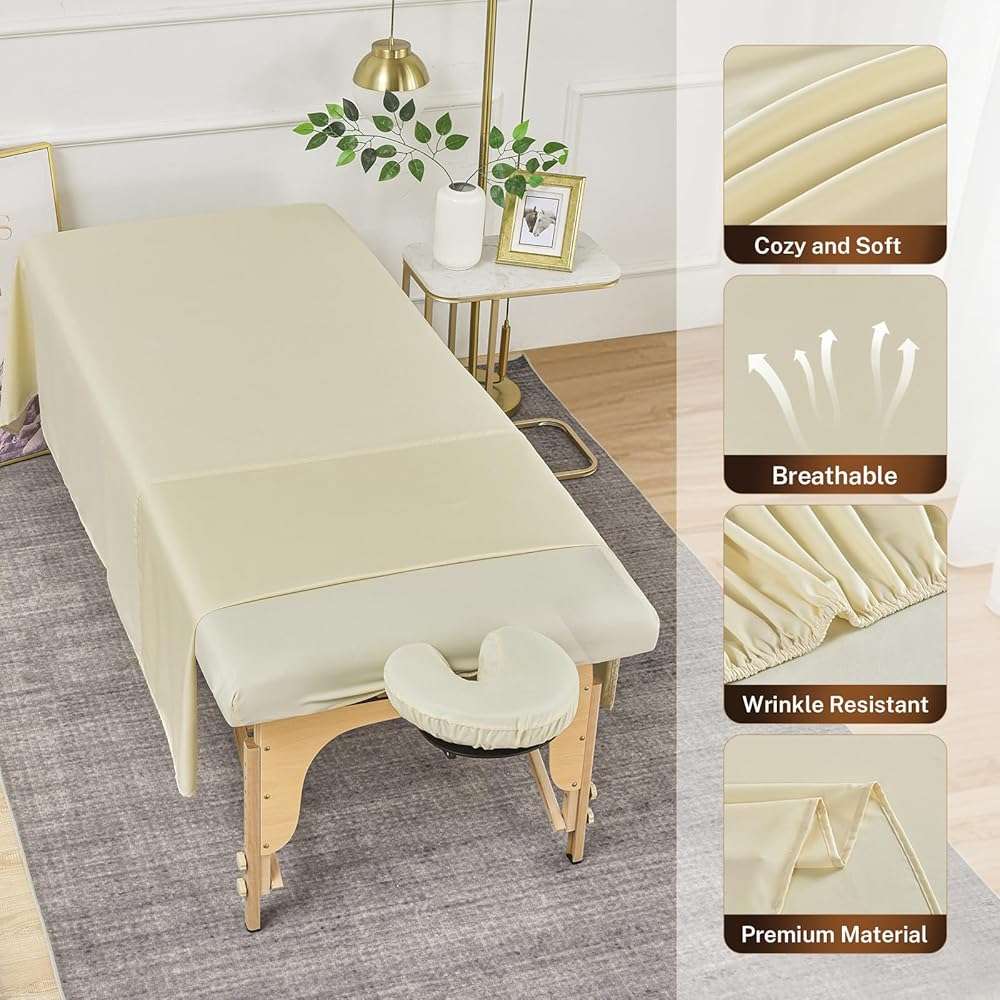 FAHKNS 4 Sets Premium Microfiber Massage Table Sheets Set, 3 Piece Set Ultra-Light Massage Table Cover, Soft Massage Sheets Sets Include Flat Sheet, Fitted Sheet, and Massage Face Rest Cover, Beige - Image 2