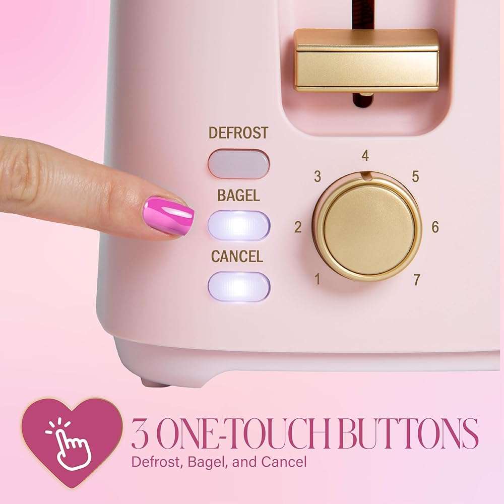 Paris Hilton 2-Slice Toaster, Extra-Wide Slots, 7 Browning Settings, Bagel & Defrost Functions, Removable Crumb Tray, Pink - Image 5