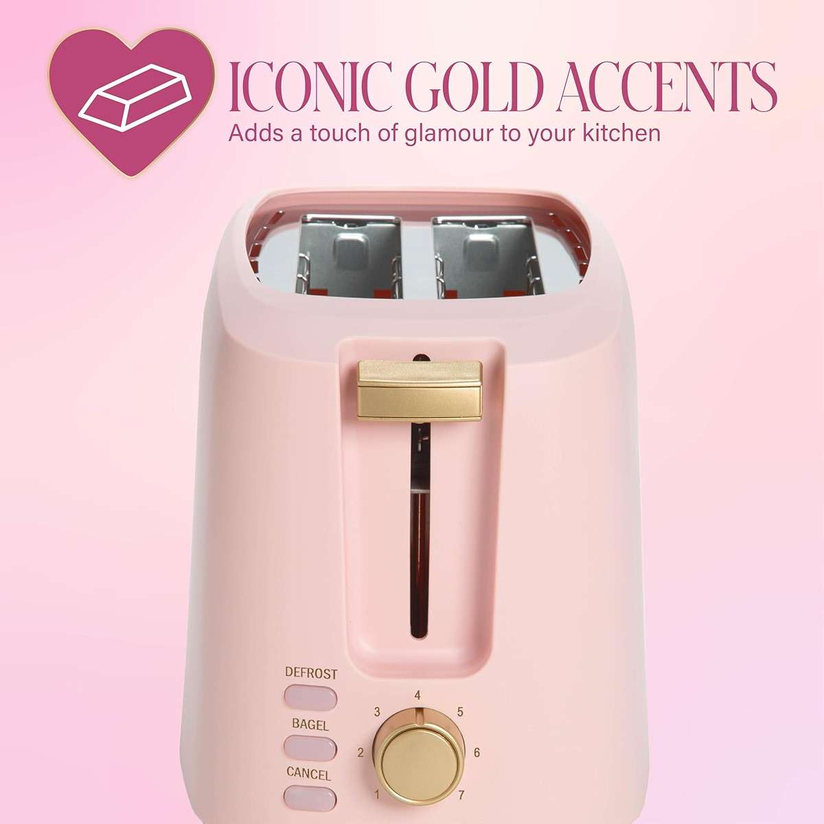 Paris Hilton 2-Slice Toaster, Extra-Wide Slots, 7 Browning Settings, Bagel & Defrost Functions, Removable Crumb Tray, Pink - Image 7