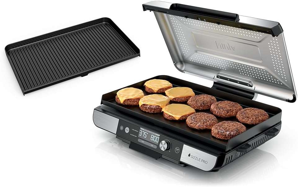 Ninja Sizzle Pro XL 20-Inch Indoor Griddle + Grill, Detachable Ventilated Lid, Grease Control, Ceramic Nonstick Plates, Even Edge Cooking, Extra Large Capacity, Versatile, Silver, GX101 - Image 1