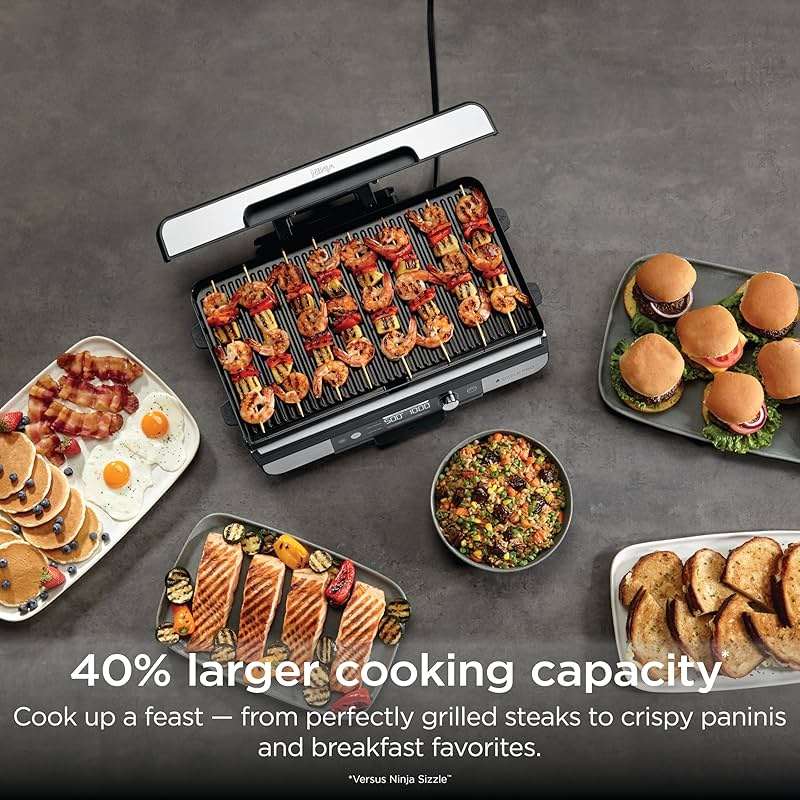 Ninja Sizzle Pro XL 20-Inch Indoor Griddle + Grill, Detachable Ventilated Lid, Grease Control, Ceramic Nonstick Plates, Even Edge Cooking, Extra Large Capacity, Versatile, Silver, GX101 - Image 2