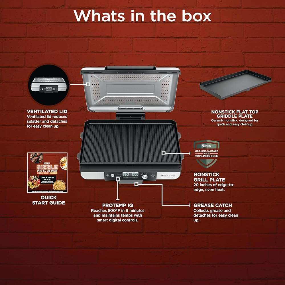 Ninja Sizzle Pro XL 20-Inch Indoor Griddle + Grill, Detachable Ventilated Lid, Grease Control, Ceramic Nonstick Plates, Even Edge Cooking, Extra Large Capacity, Versatile, Silver, GX101 - Image 13
