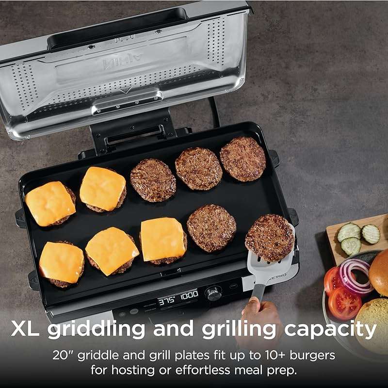 Ninja Sizzle Pro XL 20-Inch Indoor Griddle + Grill, Detachable Ventilated Lid, Grease Control, Ceramic Nonstick Plates, Even Edge Cooking, Extra Large Capacity, Versatile, Silver, GX101 - Image 5