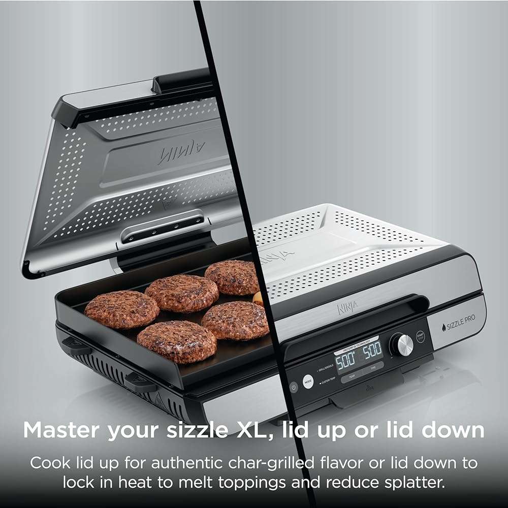 Ninja Sizzle Pro XL 20-Inch Indoor Griddle + Grill, Detachable Ventilated Lid, Grease Control, Ceramic Nonstick Plates, Even Edge Cooking, Extra Large Capacity, Versatile, Silver, GX101 - Image 9