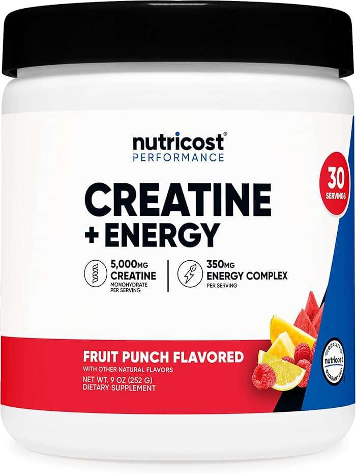 Nutricost Creatine + Energy 30 Servings (Fruit Punch Flavored) - 5,000mg Creatine Monohydrate + 350mg Energy Complex Per Serving - Image 1