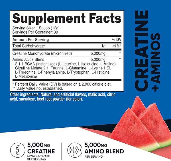 Nutricost Creatine + Aminos 30 Servings (Watermelon Flavored) - 5,000mg Creatine Monohydrate + 5000mg Amino BCAA Blend Per Serving - Image 2