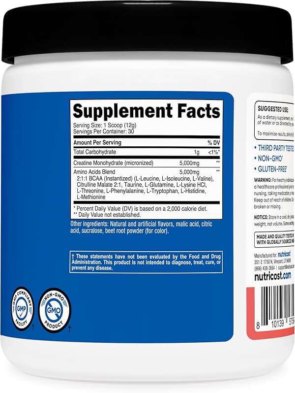Nutricost Creatine + Aminos 30 Servings (Watermelon Flavored) - 5,000mg Creatine Monohydrate + 5000mg Amino BCAA Blend Per Serving - Image 5