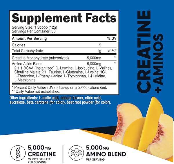 Nutricost Creatine + Aminos 30 Servings (Peach Mango Flavored) - 5,000mg Creatine Monohydrate + 5000mg Amino BCAA Blend Per Serving - Image 2