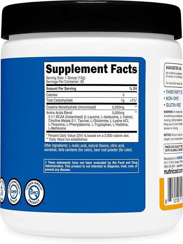 Nutricost Creatine + Aminos 30 Servings (Peach Mango Flavored) - 5,000mg Creatine Monohydrate + 5000mg Amino BCAA Blend Per Serving - Image 4