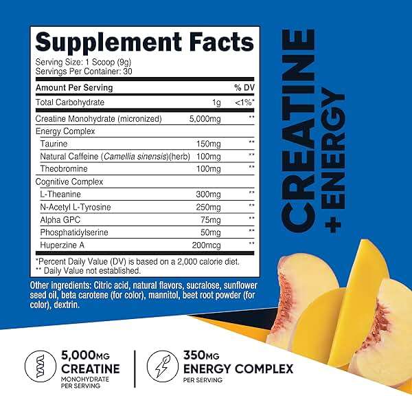Nutricost Creatine + Energy 30 Servings (Peach Mango Flavored) - 5,000mg Creatine Monohydrate + 350mg Energy Complex Per Serving - Image 2