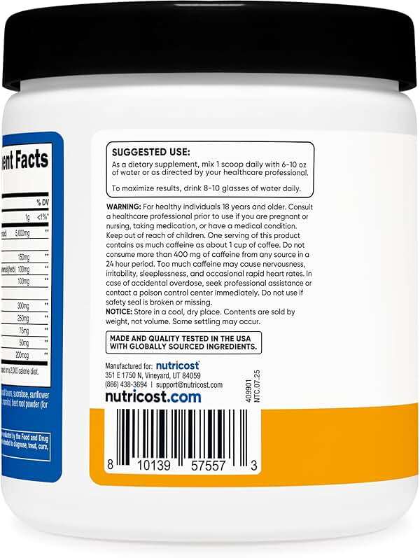 Nutricost Creatine + Energy 30 Servings (Peach Mango Flavored) - 5,000mg Creatine Monohydrate + 350mg Energy Complex Per Serving - Image 4