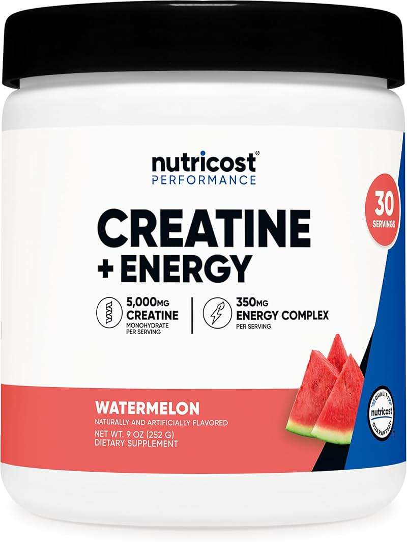 Nutricost Creatine + Energy 30 Servings (Watermelon Flavored) - 5,000mg Creatine Monohydrate + 350mg Energy Complex Per Serving - Image 1