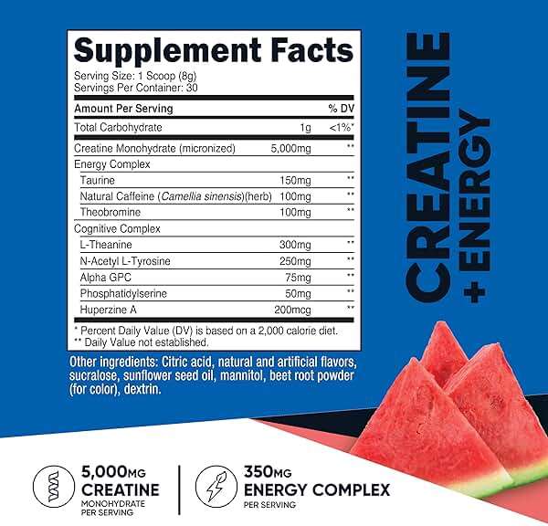 Nutricost Creatine + Energy 30 Servings (Watermelon Flavored) - 5,000mg Creatine Monohydrate + 350mg Energy Complex Per Serving - Image 2