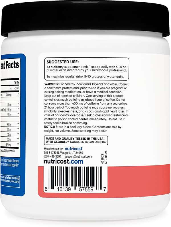 Nutricost Creatine + Energy 30 Servings (Watermelon Flavored) - 5,000mg Creatine Monohydrate + 350mg Energy Complex Per Serving - Image 4