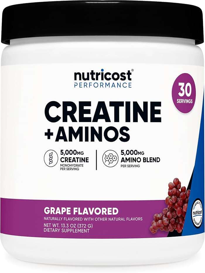 Nutricost Creatine + Aminos 30 Servings (Grape Flavored) - 5,000mg Creatine Monohydrate + 5000mg Amino BCAA Blend Per Serving - Image 1