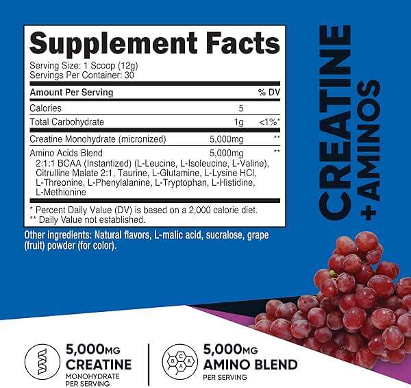 Nutricost Creatine + Aminos 30 Servings (Grape Flavored) - 5,000mg Creatine Monohydrate + 5000mg Amino BCAA Blend Per Serving - Image 2