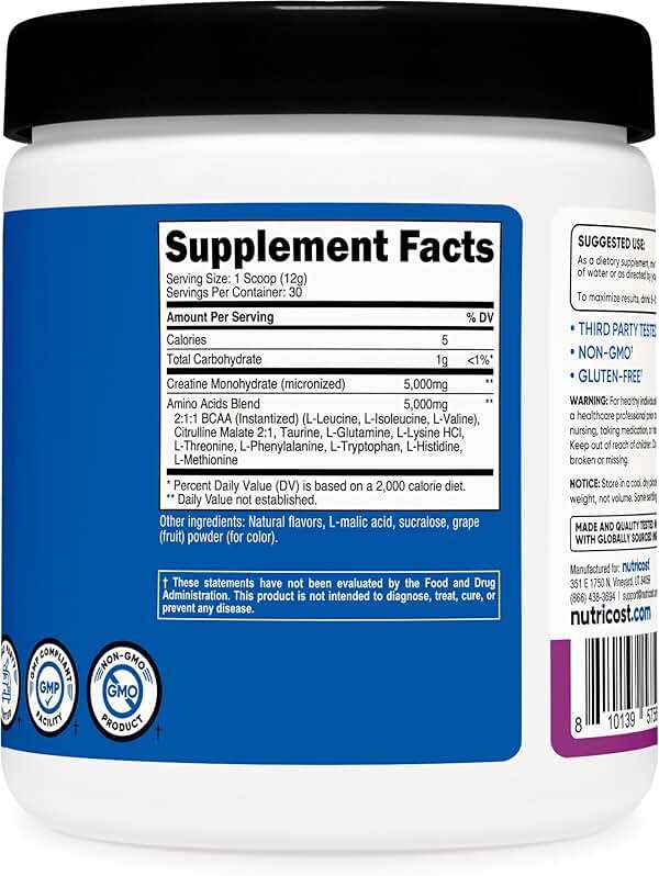 Nutricost Creatine + Aminos 30 Servings (Grape Flavored) - 5,000mg Creatine Monohydrate + 5000mg Amino BCAA Blend Per Serving - Image 5