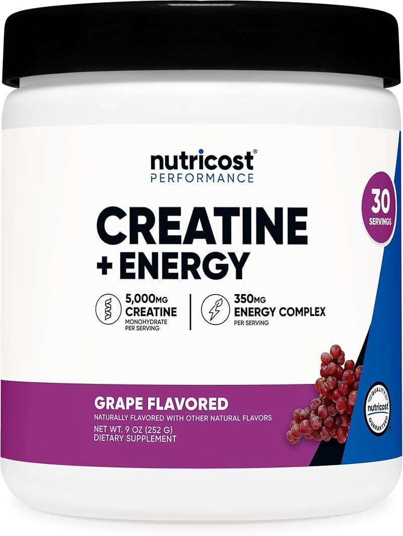 Nutricost Creatine + Energy 30 Servings (Grape Flavored) - 5,000mg Creatine Monohydrate + 350mg Energy Complex Per Serving - Image 1