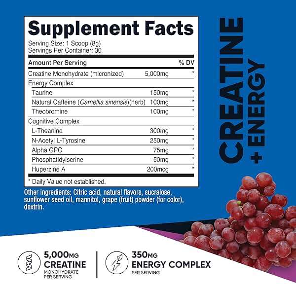 Nutricost Creatine + Energy 30 Servings (Grape Flavored) - 5,000mg Creatine Monohydrate + 350mg Energy Complex Per Serving - Image 2