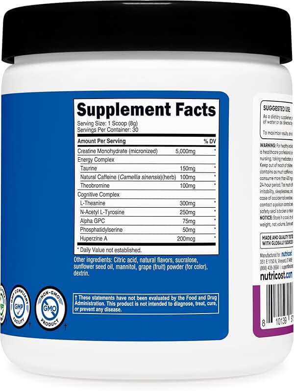 Nutricost Creatine + Energy 30 Servings (Grape Flavored) - 5,000mg Creatine Monohydrate + 350mg Energy Complex Per Serving - Image 5