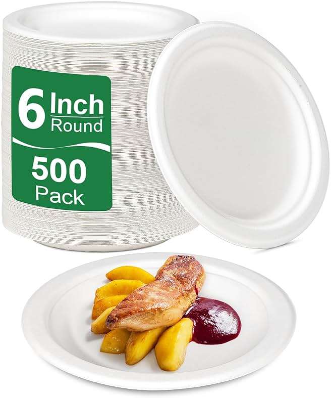 Uniecocus Small Plates Disposable, 6 Inch Paper Plates Bulk Heavy Duty, Compostable, White, 500 Count - Image 1