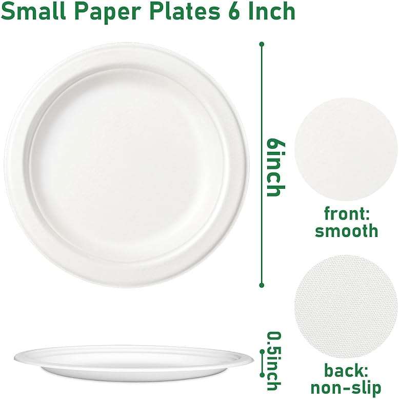 Uniecocus Small Plates Disposable, 6 Inch Paper Plates Bulk Heavy Duty, Compostable, White, 500 Count - Image 3