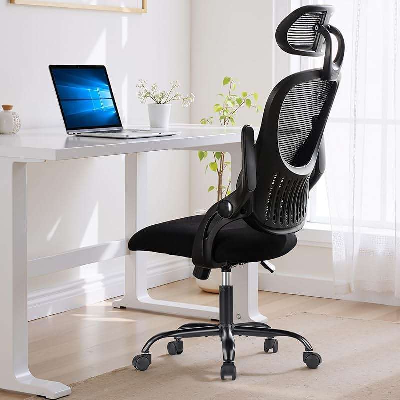 Ergonomic Office Chair, High-Back Computer Desk Mesh Swivel Task Chairs with Flip-up Armrest Adjustable Headrests, Comfortable Lumbar Support Rolling Wheels, for Home, Work, Study, Black - Image 1