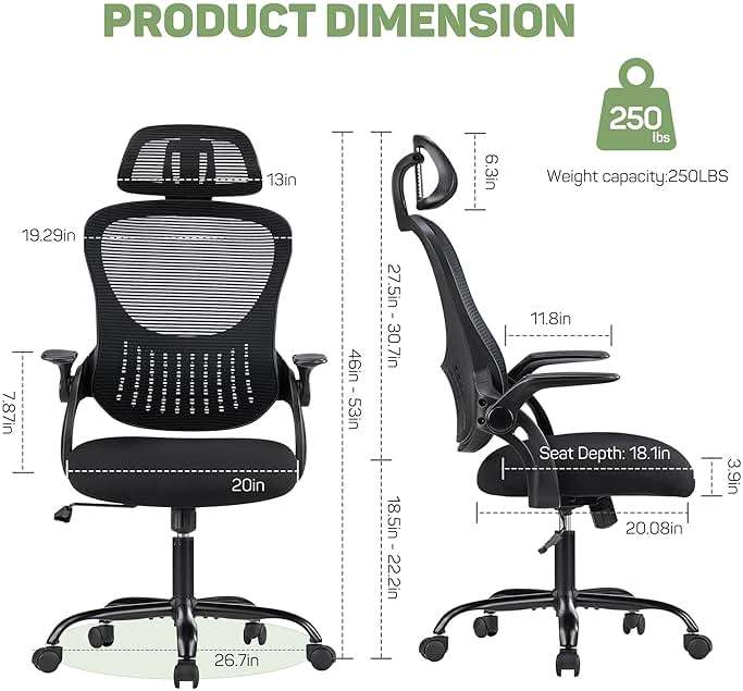 Ergonomic Office Chair, High-Back Computer Desk Mesh Swivel Task Chairs with Flip-up Armrest Adjustable Headrests, Comfortable Lumbar Support Rolling Wheels, for Home, Work, Study, Black - Image 2