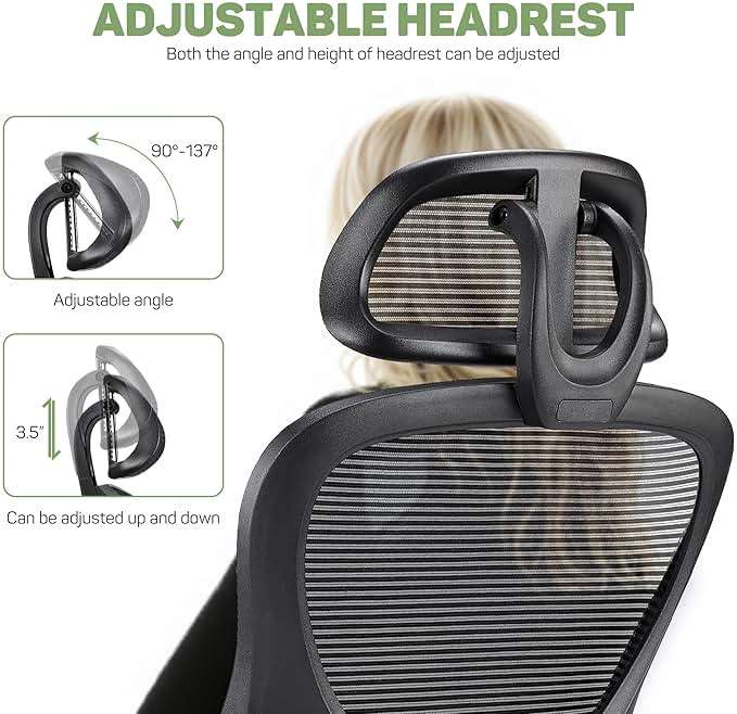 Ergonomic Office Chair, High-Back Computer Desk Mesh Swivel Task Chairs with Flip-up Armrest Adjustable Headrests, Comfortable Lumbar Support Rolling Wheels, for Home, Work, Study, Black - Image 3